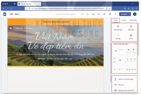 Bảng chọn Chèn trong giao diện tạo phần thân trang web (Ảnh Sách KNTT)