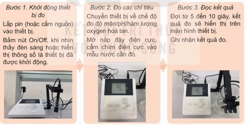 Các bước xác định độ mặn, pH và hàm lượng oxygen hòa tan của nước (Ảnh Sách KNTT)