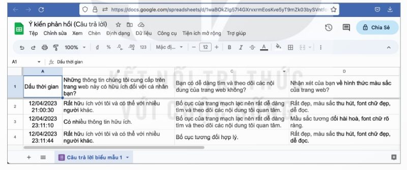 Dữ liệu trả lời được tập hợp vào bảng tính (Ảnh Sách KNTT)