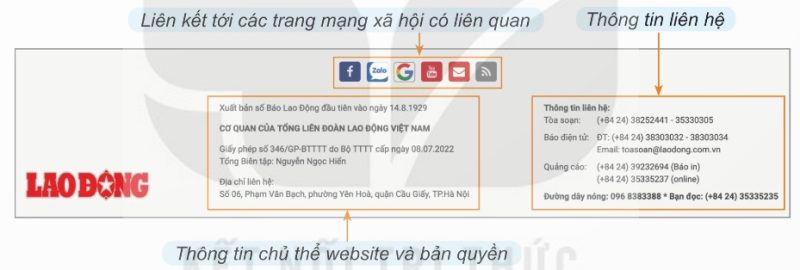 Phần chân trang web Báo Lao Động (Ảnh Sách KNTT)