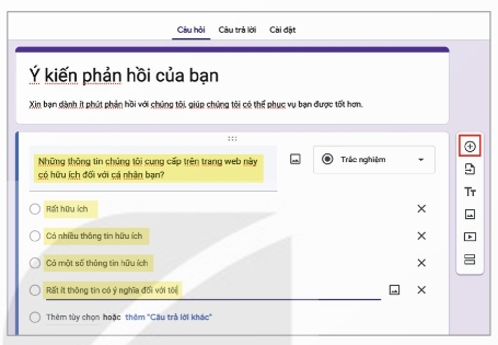 Thêm câu hỏi mới trong biểu mẫu (Ảnh Sách KNTT)