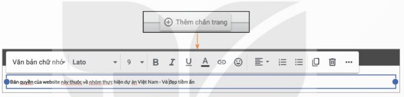 Thiết lập không gian cho chân trang và chèn khối văn bản vào phần chân trang (Ảnh Sách KNTT)