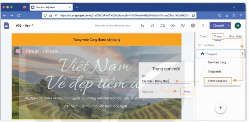 Trình tự thao tác tạo các trang con (Ảnh Sách KNTT)