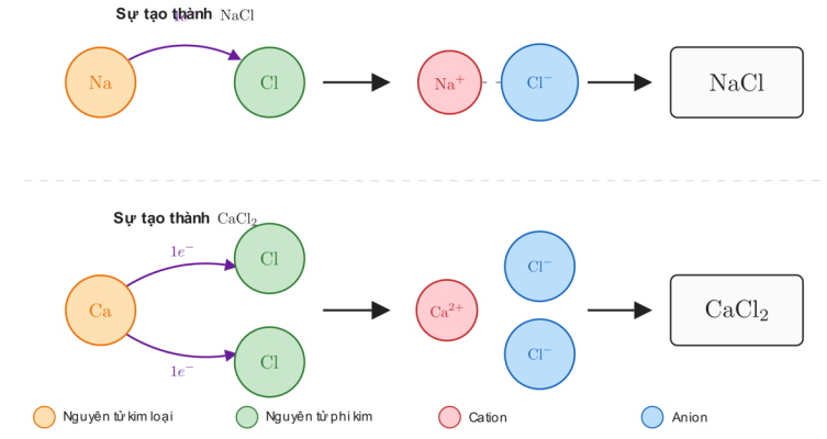 Sơ đồ nhường – nhận electron tạo thành $\text{NaCl}$ và $\text{CaCl}_2$