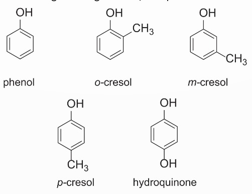 Công thức cấu tạo các phenol thường gặp (phenol, o-cresol, m-cresol, p-cresol, hydroquinone)