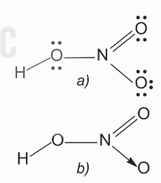 Công thức Lewis (a) và công thức cấu tạo (b) của nitric acid (Ảnh Sách KNTT)