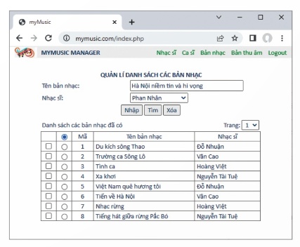 Hình 22.7 – Giao diện Quản lí danh sách các bản nhạc (Ảnh Sách KNTT)
