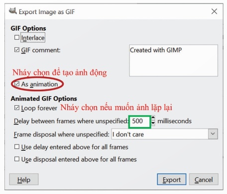 Hình 28.3 – Hộp thoại Export Image as GIF (có chú thích các ô As animation, Loop forever, Delay) (Ảnh Sách KNTT)