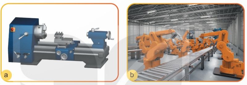 Máy tiện truyền thống (a) và dây chuyền sản xuất tự động dùng robot công nghiệp (b) (Ảnh Sách KNTT)