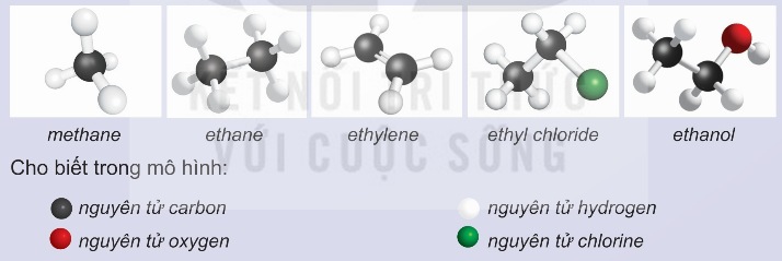 Mô hình phân tử methane, ethane, ethylene, ethyl chloride, ethanol (Ảnh Sách KNTT)