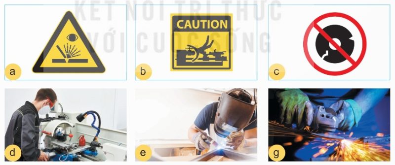 Một số cảnh báo yếu tố nguy hiểm trong sản xuất cơ khí. (Ảnh Sách KNTT)