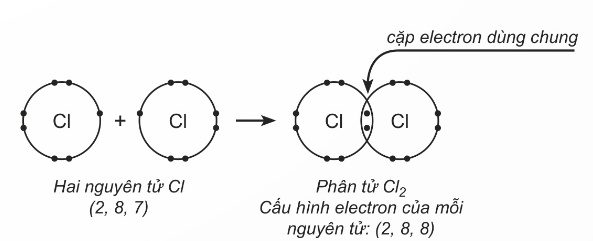 Sơ đồ dùng chung cặp electron giữa hai nguyên tử Cl (Ảnh Sách KNTT)