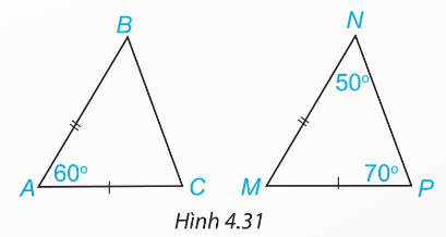 $\widehat{A} = 60°$, $\widehat{N} = 50°$, $\widehat{P} = 70°$, $AB = MN$, $AC = MP$