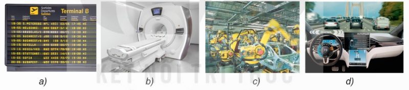 Bốn thiết bị có bộ xử lí: a) Bảng điện tử, b) Máy chụp cắt lớp, c) Robot lắp ráp, d) Ô tô tự lái