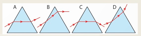 Các hình vẽ đường đi tia sáng qua lăng kính A, B, C, D