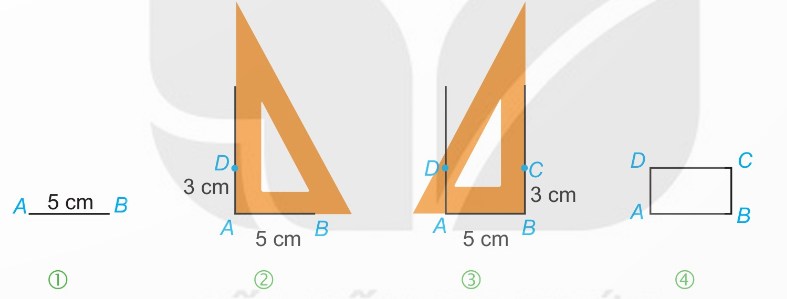 Các bước vẽ hình chữ nhật ABCD có cạnh 5 cm và 3 cm