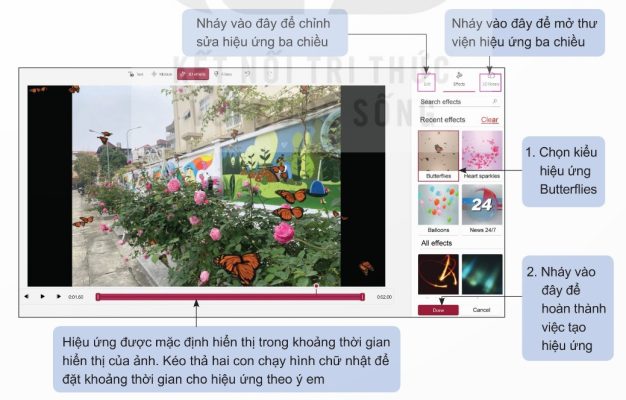 Hình 11b.1 – Các thao tác để thêm và chỉnh sửa hiệu ứng ba chiều (Ảnh Sách KNTT)