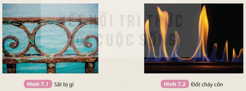 Hình 7.1 – Sắt bị gỉ (phản ứng chậm) và Hình 7.2 – Đốt cháy cồn (phản ứng nhanh)