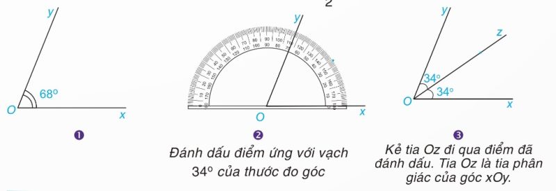 Hình minh họa cách vẽ tia phân giác bằng thước đo góc từ SGK