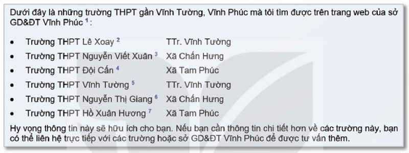 Kết quả từ công cụ hội thoại thông minh liệt kê các trường THPT (Ảnh Sách KNTT)