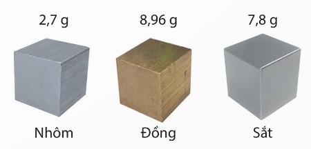 Khối lượng của 1 cm³ nhôm (2,7 g), đồng (8,96 g) và sắt (7,8 g)