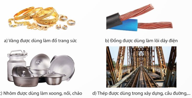 Một số ứng dụng của kim loại: vàng làm trang sức, đồng làm lõi dây điện, nhôm làm xoong nồi, thép dùng xây dựng