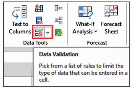 Nút lệnh Data Validation trong nhóm lệnh Data Tools
