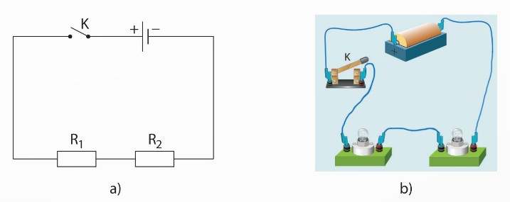 Sơ đồ đoạn mạch nối tiếp (a) và mạch điện hai bóng đèn nối tiếp (b)