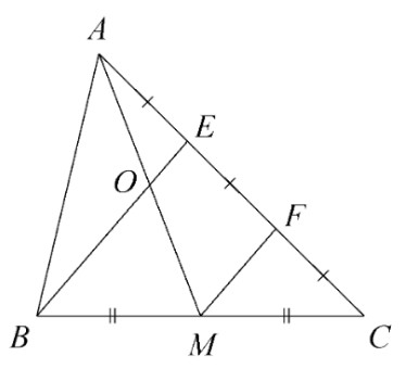 tam giác ABC, M trung điểm BC, E F chia AC thành 3 phần