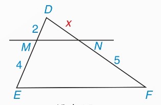 tam giác DEF, MN // EF, DM = 2, ME = 4, DN = x, NF = 5