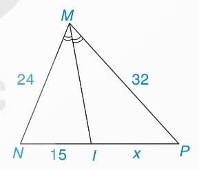 tam giác MNP, MI phân giác góc M, MN = 24, MP = 32, IN = 15, IP = x