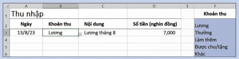 Trang tính lưu các khoản thu của gia đình