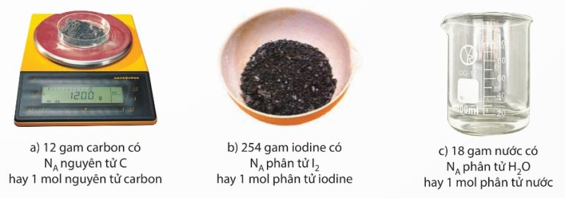 Ví dụ: 12 g carbon = 1 mol nguyên tử C, 254 g iodine = 1 mol phân tử $I_2$, 18 g nước = 1 mol phân tử $H_2O$