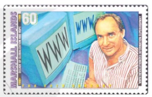 Con tem có hình ảnh Tim Béc-nơ-Li và phát minh Mạng lưới toàn cầu (World Wide Web) của ông (1990)