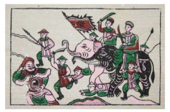 Hai Bà Trưng cưỡi voi ra trận (tranh dân gian Đông Hồ)