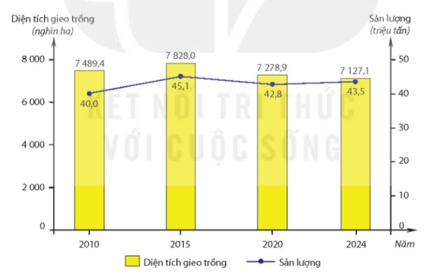 Diện tích gieo trồng và sản lượng lúa giai đoạn 2010 – 2024 (theo Hình 12.2)