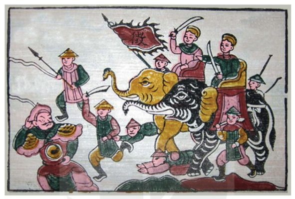 Hai Bà Trưng cưỡi voi ra trận (tranh dân gian Đông Hồ)