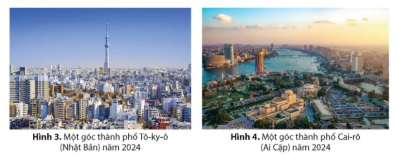 Hình 3: Một góc thành phố Tô-ky-ô (Nhật Bản) năm 2024 và Hình 4: Một góc thành phố Cai-rô (Ai Cập) năm 2024