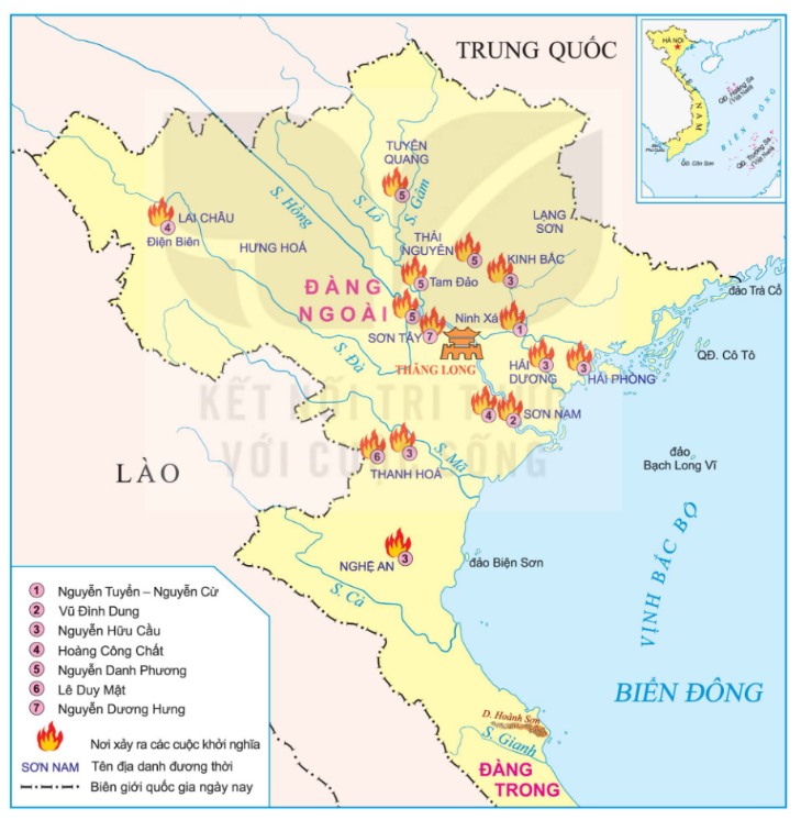 Lược đồ một số cuộc khởi nghĩa lớn trong phong trào nông dân Đàng Ngoài thế kỉ XVIII