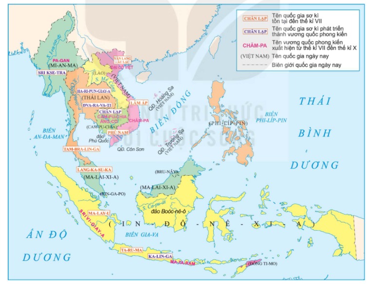 Lược đồ vị trí một số quốc gia sơ kì và phong kiến ở Đông Nam Á (từ thế kỉ VII TCN đến thế kỉ X)