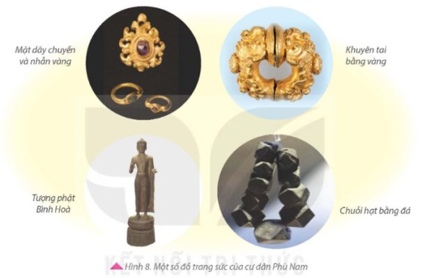 Một số đồ trang sức của cư dân Phù Nam – mặt dây chuyền, nhẫn vàng, khuyên tai bằng vàng, tượng Phật Bình Hoà, chuỗi hạt bằng đá