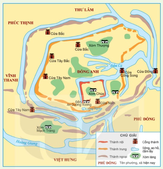 Sơ đồ thành Cổ Loa – được xây dựng theo hình xoáy trôn ốc, có ba vòng khép kín với tổng chiều dài là 16 000m