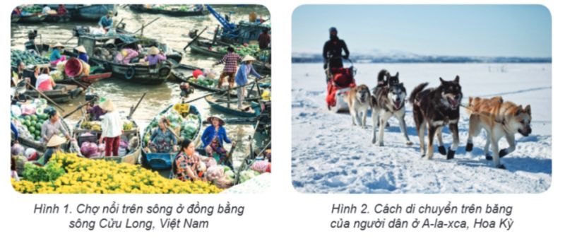 Hình 1 – Chợ nổi trên sông ở đồng bằng sông Cửu Long, Việt Nam; Hình 2 – Cách di chuyển trên băng của người dân ở A-la-xca, Hoa Kỳ.