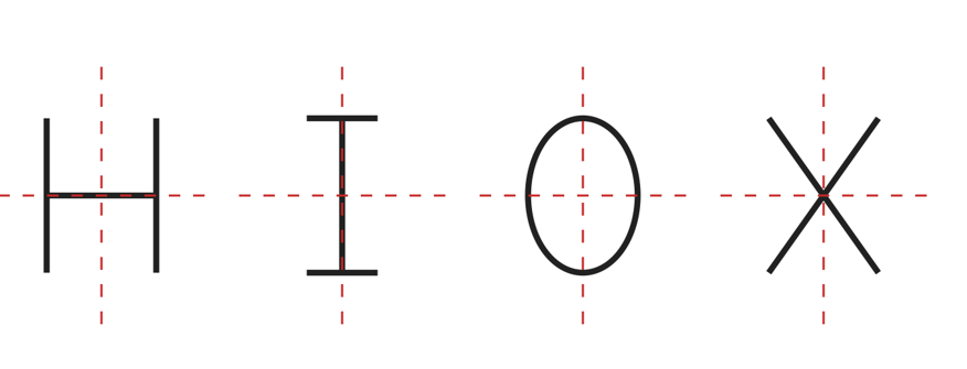 Các chữ có cả trục dọc và trục ngang: H, I, O, X
