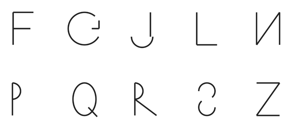 Các chữ không có trục đối xứng: F, G, J, L, N, P, Q, R, S, Z