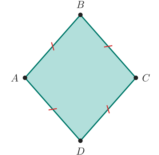 Hình thoi ABCD với A ở bên trái, B ở phía trên, C ở bên phải, D ở phía dưới; cả bốn cạnh đều được đánh dấu một gạch chéo giống nhau thể hiện bốn cạnh bằng nhau