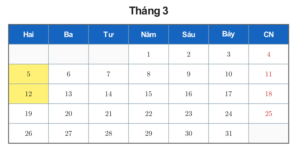 Tờ lịch một tháng với các cột thứ trong tuần