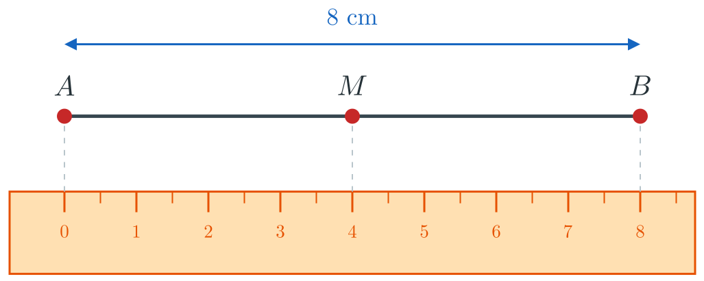 Thước kẻ đặt dọc đoạn thẳng AB dài 8 xăng-ti-mét, điểm M được đánh dấu ở vạch 4 xăng-ti-mét
