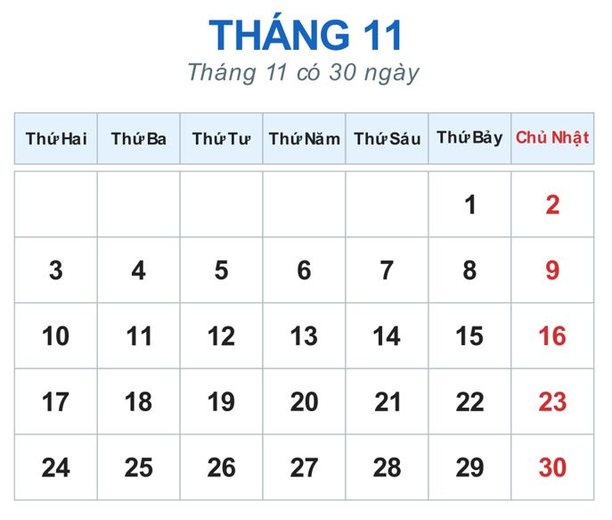 Tờ lịch một tháng có các cột từ thứ Hai đến Chủ Nhật